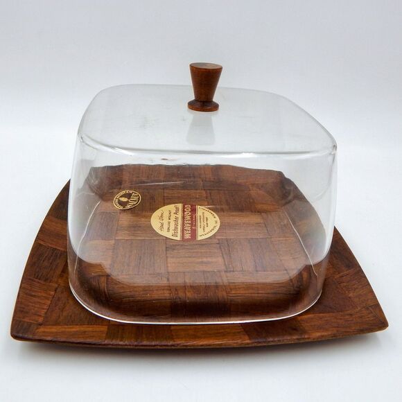 Weavewood Covered Cheese Tray With Clear Lid Handwoven Walnut MCM - Picture 6 of 11
